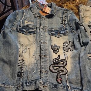 Embroidered Denim Jacket with Snake Patch With Matching Jeans 32 X 32